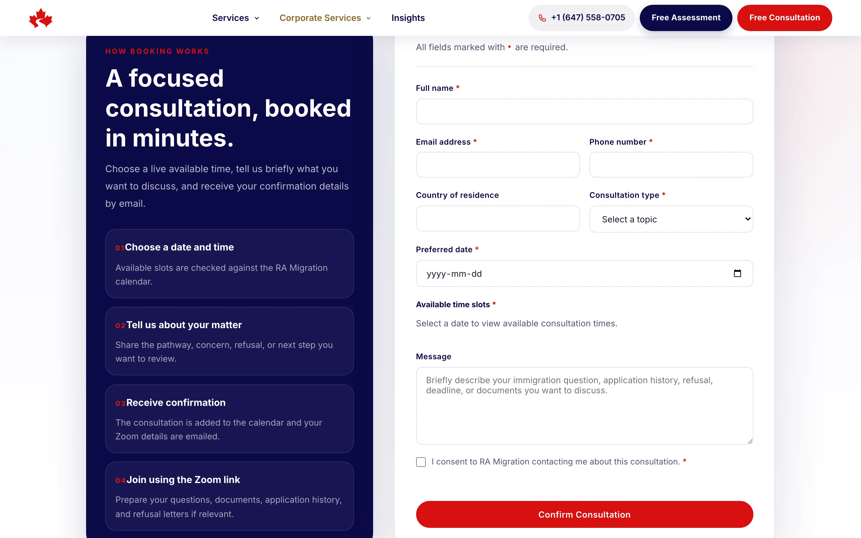 RA Migration custom booking system showing how-it-works steps beside a consultation form with calendar-checked availability